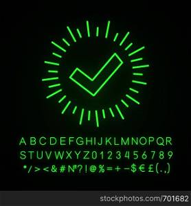 Checkmark neon light icon. Successfully tested. Tick mark. Quality assurance. Glowing sign with alphabet, numbers and symbols. Approved. Quality badge. Vector isolated illustration. Checkmark neon light icon