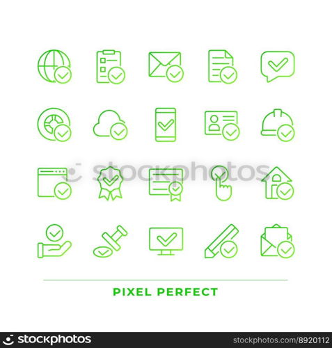 Checkmark pixel perfect gradient linear vector icons set. Information validation signs. Marks for correct data. Thin line contour symbol designs bundle. Isolated outline illustrations collection. Checkmark pixel perfect gradient linear vector icons set