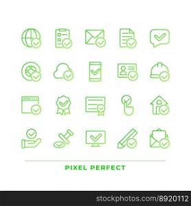 Checkmark pixel perfect gradient linear vector icons set. Information validation signs. Marks for correct data. Thin line contour symbol designs bundle. Isolated outline illustrations collection. Checkmark pixel perfect gradient linear vector icons set