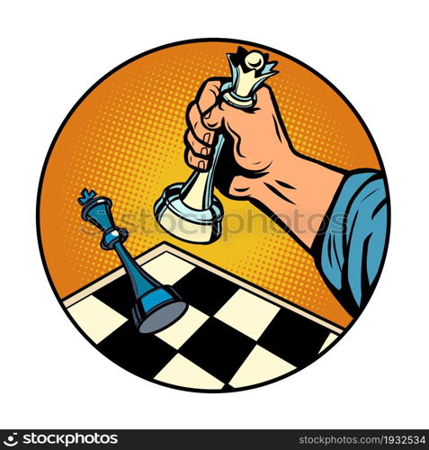 checkmate. A board game, a threat to the king on a chessboard. comic cartoon illustration vintage hand drawing. checkmate. A board game, a threat to the king on a chessboard