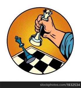 checkmate. A board game, a threat to the king on a chessboard. comic cartoon illustration vintage hand drawing. checkmate. A board game, a threat to the king on a chessboard