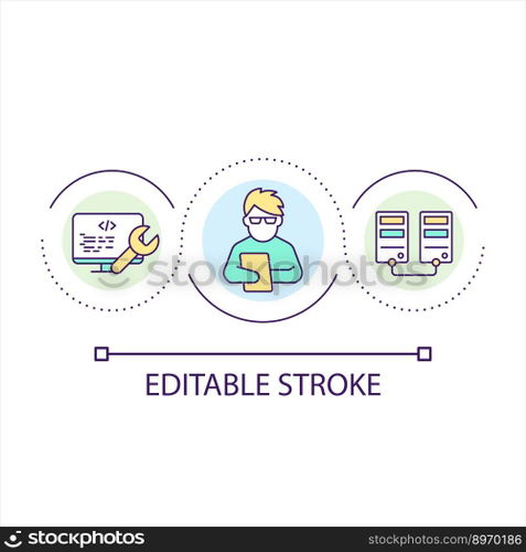 Checkout code to fix problems loop concept icon. Digital engineering tool. Software development abstract idea thin line illustration. Isolated outline drawing. Editable stroke. Arial font used. Checkout code to fix problems loop concept icon