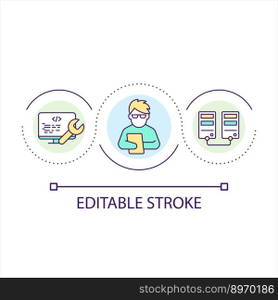 Checkout code to fix problems loop concept icon. Digital engineering tool. Software development abstract idea thin line illustration. Isolated outline drawing. Editable stroke. Arial font used. Checkout code to fix problems loop concept icon