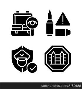 Checkpoint examination black glyph icons set on white space. Border security. Weapon illegal moving prevention. Country fences. Customs officer. Silhouette symbols. Vector isolated illustration. Checkpoint examination black glyph icons set on white space