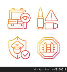 Checkpoint examination gradient linear vector icons set. Border security. Weapon illegal moving prevention. Country fences. Thin line contour symbols bundle. Isolated outline illustrations collection. Checkpoint examination gradient linear vector icons set