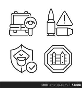 Checkpoint examination linear icons set. Border security. Weapon moving prevention. Customizable thin line contour symbols. Isolated vector outline illustrations. Editable stroke. Pixel perfect. Checkpoint examination linear icons set