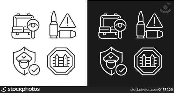 Checkpoint examination linear icons set for dark and light mode. Border security. Country fences. Customizable thin line symbols. Isolated vector outline illustrations. Editable stroke. Pixel perfect. Checkpoint examination linear icons set for dark and light mode