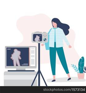 Checks the body temperature of woman. Beauty female character and thermal imager or tester device. Public safety concept. Quarantine and virus protection. Trendy style vector illustration