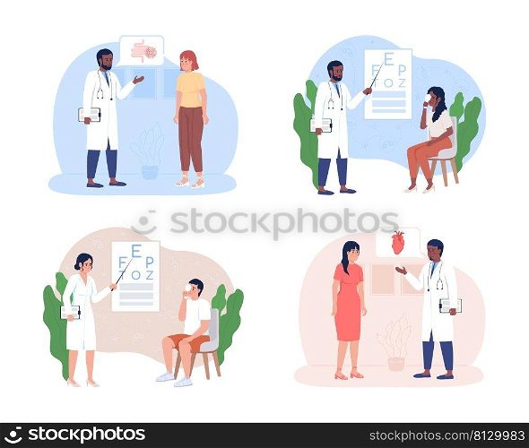 Checkup of patients organs 2D vector isolated illustrations set. Medicine flat characters on cartoon background. Clinic colourful scene for mobile, website, presentation pack. Comfortaa font used. Checkup of patients organs 2D vector isolated illustrations set