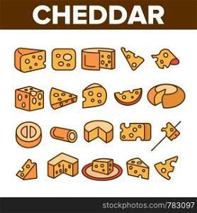 Cheddar Cheese Linear Vector Icons Set. Cheddar Piece, Milk Products Symbol Pack. Snack, Food. Dairy Ingredients Pictograms Collection. Isolated Cooking Signs. Eco, Natural Outline Illustrations. Cheddar Cheese Linear Vector Icons Set