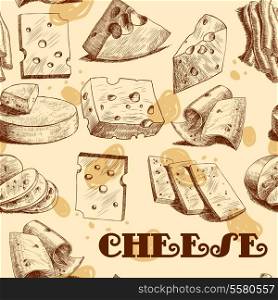 Cheddar parmesan cheese slices chunks and blocks assortment sketch seamless wallpaper vector illustration