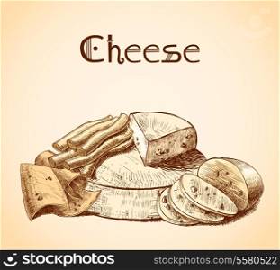 Cheddar parmesan smoked holland cheese slices chunks and blocks assortment sketch poster vector illustration