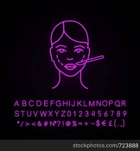 Cheek lift surgery neon light icon. Cheek augmentation implants. Plastic surgery. Surgical facial rejuvenation. Facelift procedure. Glowing sign with alphabet, numbers. Vector isolated illustration. Cheek lift surgery neon light icon