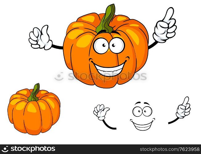 Cheeky happy colorful orange cartoon pumpkin with a toothy smile and green stalk isolated on white