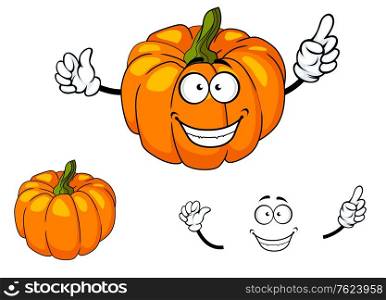 Cheeky happy colorful orange cartoon pumpkin with a toothy smile and green stalk isolated on white