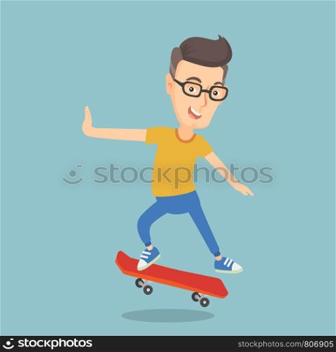 Cheerful adult man riding a skateboard. Happy caucasian man skateboarding. Smiling man jumping with s skateboard. Sport and healthy lifestyle concept. Vector flat design illustration. Square layout.. Man riding skateboard vector illustration.
