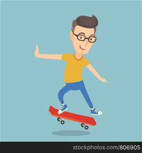 Cheerful adult man riding a skateboard. Happy caucasian man skateboarding. Smiling man jumping with s skateboard. Sport and healthy lifestyle concept. Vector flat design illustration. Square layout.. Man riding skateboard vector illustration.