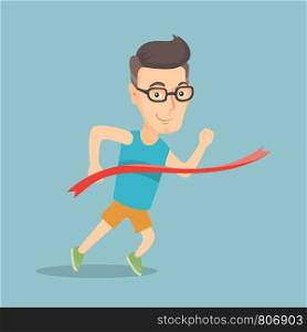 Cheerful adult sportsman crossing the finish line. Caucasian smiling sportsman breaking the finish line and winning a marathon. Winning concept. Vector flat design illustration. Square layout.. Sportsman crossing the finish line.