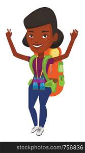 Cheerful african-american backpacker with backpack standing with raised hands. Happy backpacker celebrating success. Vector flat design illustration isolated on white background.. Backpacker with hands up celebrating success.