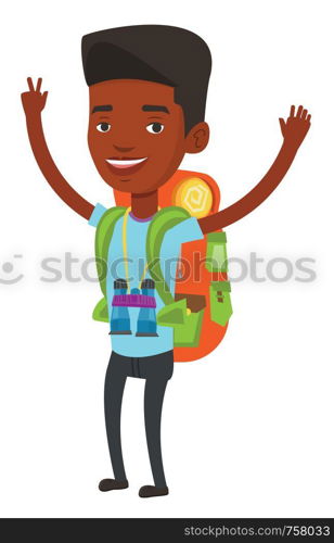 Cheerful african-american backpacker with backpack standing with raised hands. Happy backpacker celebrating success. Vector flat design illustration isolated on white background.. Backpacker with hands up celebrating success.