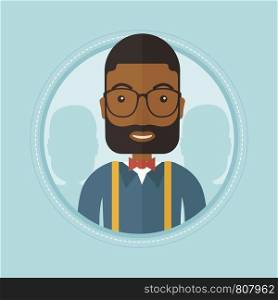 Cheerful african-american businessman standing with shadows of his business team behind. Business teamwork concept. Vector flat design illustration in the circle isolated on background.. Professional business team vector illustration.