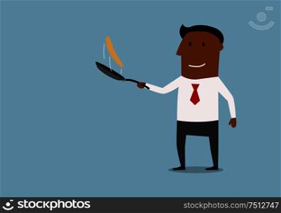 Cheerful african american businessman tossing up pancake in frying pan, cartoon style. Success in business concept. Happy businessman tossing up pancake