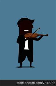 Cheerful african american musician violinist in elegant tailcoat playing solo a violin for musical concert design, cartoon flat style. Musician violinist playing a violin