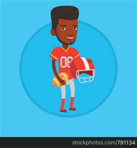 Cheerful african-american rugby player holding ball and helmet in hands. Full length of young smiling rugby player in uniform. Vector flat design illustration in the circle isolated on background.. Rugby player vector illustration.