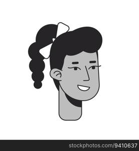 Cheerful african american schoolgirl monochrome flat linear character head. Girl with ponytail. Editable outline hand drawn human face icon. 2D cartoon spot vector avatar illustration for animation. Cheerful african american schoolgirl monochrome flat linear character head