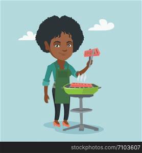 Cheerful african-american woman cooking steak on the barbecue outdoors. Young woman holding kitchen tongs with a steak while standing next to the barbecue. Vector cartoon illustration. Square layout.. African woman cooking steak on the barbecue.