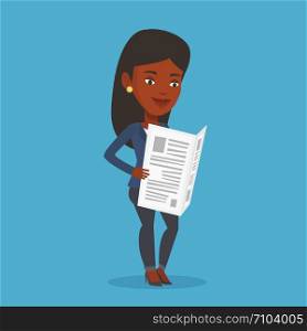 Cheerful african-american woman reading the newspaper. Young smiling woman reading good news in newspaper. Woman standing with newspaper in hands. Vector flat design illustration. Square layout.. Woman reading newspaper vector illustration.