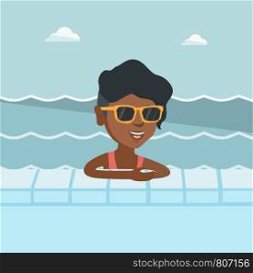 Cheerful african-american woman relaxing in the swimming pool at summer resort. Happy smiling woman in sunglasses bathing in the swimming pool. Vector cartoon illustration. Square layout.. Young african woman relaxing in swimming pool.