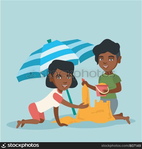 Cheerful african-american women making a sand castle on the beach under beach umbrella. Friends building a sandcastle. Tourism and beach holiday concept. Vector cartoon illustration. Square layout.. African friends building a sandcastle on the beach