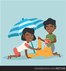 Cheerful african-american women making a sand castle on the beach under beach umbrella. Friends building a sandcastle. Tourism and beach holiday concept. Vector cartoon illustration. Square layout.. African friends building a sandcastle on the beach