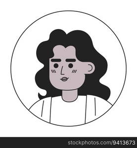 Cheerful afro american woman with long brunette hairstyle monochrome flat linear character head. Editable outline hand drawn human face icon. 2D cartoon spot vector avatar illustration for animation. Cheerful afro american woman with long brunette hairstyle monochrome flat linear character head