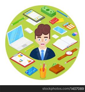 Cheerful and happy businessman and office stationary on green background.Vector illustration.