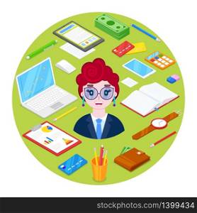 Cheerful and happy businesswoman and office stationary on green background.Vector illustration.