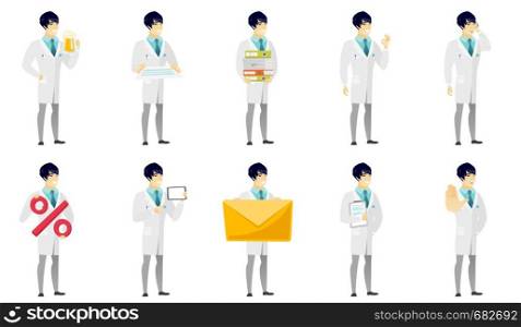 Cheerful asian doctor in medical gown holding a contract. Full length of doctor with contract. Young doctor holding a contract. Set of vector flat design illustrations isolated on white background.. Vector set of illustrations with doctor characters