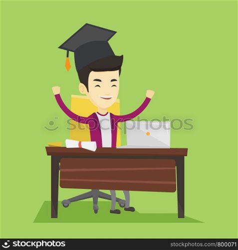 Cheerful asian graduate sitting at the table with laptop and diploma. Graduate in graduation cap using laptop for education. Online graduation concept. Vector flat design illustration Square layout.. Student using laptop for education.