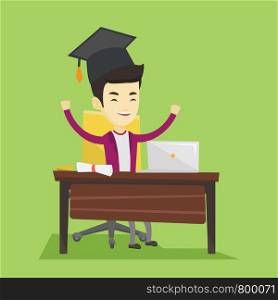 Cheerful asian graduate sitting at the table with laptop and diploma. Graduate in graduation cap using laptop for education. Online graduation concept. Vector flat design illustration Square layout.. Student using laptop for education.
