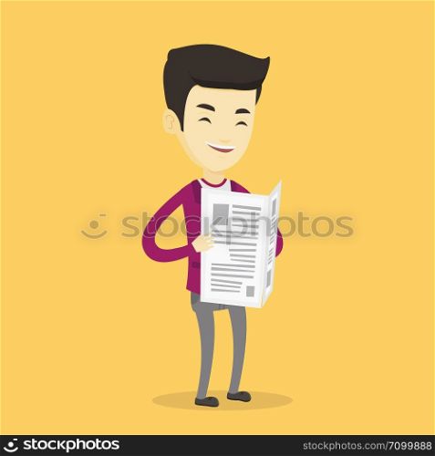 Cheerful asian man reading the newspaper. Young smiling man reading good news in newspaper. Man standing with newspaper in hands. Vector flat design illustration. Square layout.. Man reading newspaper vector illustration.