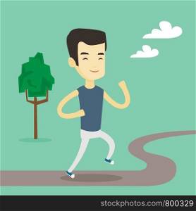 Cheerful asian man running. Happy male sporty runner running outdoors. Young smiling sportsman running in the park. Running man on the forest road. Vector flat design illustration. Square layout.. Asian man running vector illustration.