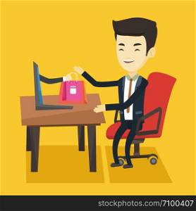 Cheerful asian man using laptop for online shopping. Young happy man shopping online at home. Smiling man making online order in virtual shop. Vector flat design illustration. Square layout.. Man shopping online vector illustration.