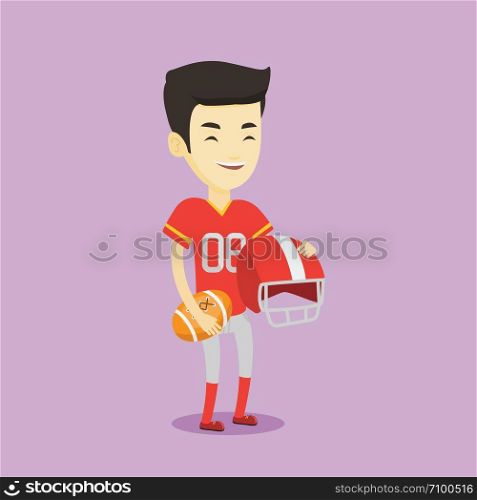 Cheerful asian rugby player holding ball and helmet in hands. Full length of young smiling rugby player in uniform. Vector flat design illustration in the circle isolated on background.. Rugby player vector illustration.