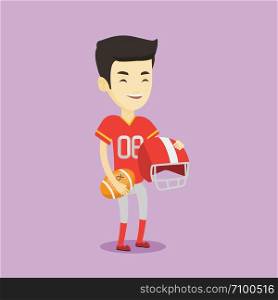 Cheerful asian rugby player holding ball and helmet in hands. Full length of young smiling rugby player in uniform. Vector flat design illustration in the circle isolated on background.. Rugby player vector illustration.