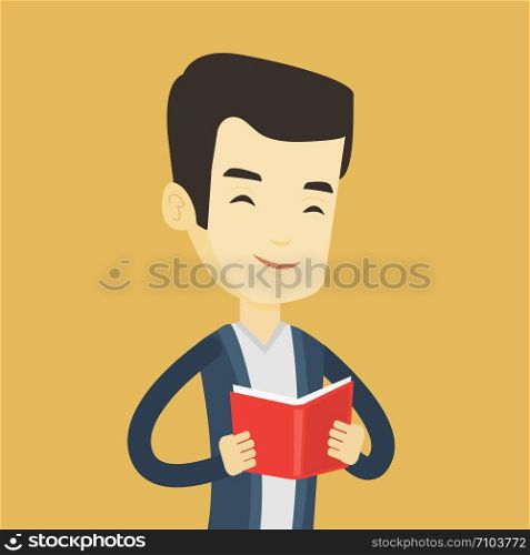 Cheerful asian student reading a book and preparing for exam. Smiling student reading a book. Student holding a book in hands. Concept of education. Vector flat design illustration. Square layout.. Student reading book vector illustration.