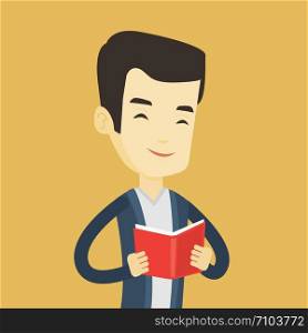 Cheerful asian student reading a book and preparing for exam. Smiling student reading a book. Student holding a book in hands. Concept of education. Vector flat design illustration. Square layout.. Student reading book vector illustration.