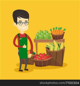 Cheerful asian supermarket worker giving thumb up. Young supermarket worker standing on the background of shelves with vegetables and fruits. Vector flat design illustration. Square layout.. Friendly supermarket worker vector illustration.