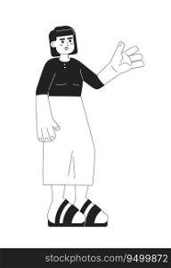 Cheerful asian woman monochromatic flat vector character. Editable full body person in midi skirt and bob hairstyle on white. Simple bw cartoon spot image for web graphic design. Cheerful asian woman monochromatic flat vector character