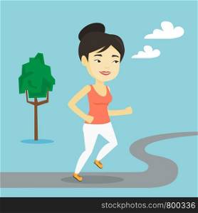 Cheerful asian woman running. Happy female sporty runner running outdoors. Young smiling sportswoman running in the park. Running woman on forest road. Vector flat design illustration. Square layout.. Asian woman running vector illustration.
